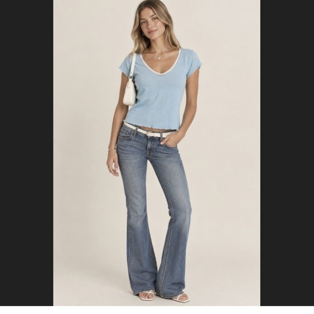 Crazy Horse Liz Claiborne Blue Mesh Lettuce Edge V-Neck Top CHMU7712 L
